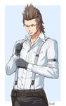  belt brown_hair casual closed_eyes final_fantasy final_fantasy_xv glasses gloves hinoe_(dd_works) ignis_scientia male_focus pinstripe_pattern signature solo striped suspenders 