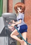  anglerfish ass bangs barefoot blue_shorts brown_eyes brown_hair cleaning commentary_request emblem girls_und_panzer ground_vehicle gym_shirt gym_shorts gym_uniform highres holding hose looking_at_viewer looking_back military military_vehicle motor_vehicle nishizumi_miho open_mouth pantylines rag shirt short_hair short_shorts short_sleeves shorts single_vertical_stripe smile solo standing t_k tank water white_shirt 