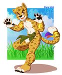  action_pose anklet anthro armlet barefoot bracelet clothed clothing feline jewelry leopard loincloth male mammal naughty_face navel nipples outside plantigrade signature slim smile solo tail_ring tonio_(artist) topless 