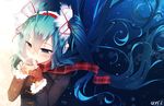  ahoge aqua_hair bai_yemeng black_coat blue_eyes blush brown_gloves coat cup drinking eyebrows_visible_through_hair fingerless_gloves floating_hair gloves hair_between_eyes hatsune_miku headphones heart heart_print holding holding_cup latte_art long_hair long_sleeves md5_mismatch number plaid plaid_scarf red_scarf scarf sipping snowflakes solo steam teacup twintails upper_body very_long_hair vocaloid 