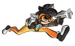  black_hair bodysuit bomber_jacket brown_gloves brown_jacket cardboard commentary cosplay costume domino_mask dual_wielding funkgamut gloves goggles gun harness holding holding_weapon inkling jacket leather leather_jacket mask orange_bodysuit overwatch pants parody pointy_ears running shoes short_hair simple_background solo spiked_hair splatoon_(series) splatoon_1 splattershot_jr_(splatoon) tentacle_hair tight tight_pants tracer_(overwatch) tracer_(overwatch)_(cosplay) weapon white_background white_footwear 