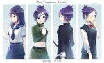  2016 blush bow bowtie chrome_dokuro dated ekita_xuan eyepatch happy_birthday highres italian katekyo_hitman_reborn! long_hair long_sleeves medical_eyepatch midriff multiple_persona multiple_views navel neckerchief purple_eyes purple_hair school_uniform serafuku short_hair skirt translated weapon 