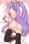  ass black_legwear black_panties breasts commentary_request from_behind highres infraton league_of_legends long_hair lying medium_breasts nipples on_stomach panties panty_pull purple_hair pussy pussy_juice solo sona_buvelle thighhighs topless twintails underwear very_long_hair 