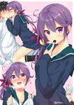  1girl :d admiral_(kantai_collection) ahoge akebono_(kantai_collection) assertive bell black_legwear blue_skirt blush breath cardigan chocolate chocolate_heart couple dress flower food_in_mouth from_side gift_bag gintarou_(kurousagi108) hair_bell hair_flower hair_ornament heart heart_ahoge heavy_breathing hetero jingle_bell kantai_collection kiss kneehighs long_hair looking_at_viewer multiple_views nose_blush open_mouth pleated_skirt profile purple_eyes purple_hair school_uniform serafuku shared_food shitty_admiral_(phrase) side_ponytail signature sitting sitting_on_person skirt smile translated tsurime twitter_username valentine very_long_hair 