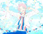  ;d belt blue_eyes blue_sky cloud cloudy_sky confetti cowboy_shot day idol idolmaster idolmaster_side-m jacket kabuto_daigo male_focus nemuko_(bratboy) one_eye_closed open_clothes open_jacket open_mouth pink_hair sky smile solo string_of_flags striped sweat vertical_stripes 