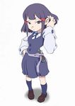  arai_hiroki avery_(little_witch_academia) collared_shirt from_above full_body hair_ornament hair_tucking hairclip highres little_witch_academia loafers luna_nova_school_uniform navy_blue_legwear purple_eyes purple_hair school_uniform shirt shoes short_hair simple_background socks solo white_background 