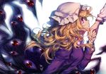  blonde_hair commentary_request dress eyeball gap hat highres holding_hands long_hair long_sleeves maribel_hearn mob_cap multiple_girls profile purple_dress purple_eyes solo_focus touhou upper_body usami_renko wavy_hair white_background yudaoshan 