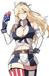  ahoge american_flag american_flag_legwear asakawa_(outeq) bangs bare_shoulders belt belt_buckle blonde_hair blue_eyes blush breasts buckle chocolate cleavage cleavage_cutout collarbone commentary cowboy_shot elbow_gloves eyebrows_visible_through_hair fingerless_gloves flag_print front-tie_top garter_straps gift gloves hair_between_eyes hand_on_hip headgear iowa_(kantai_collection) kantai_collection large_breasts long_hair looking_at_viewer midriff miniskirt mismatched_legwear one_eye_closed simple_background skirt sleeveless smile solo star star-shaped_pupils striped striped_legwear symbol-shaped_pupils thighhighs vertical-striped_legwear vertical-striped_skirt vertical_stripes white_background 