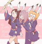  animal_ears animal_nose brown_hair bunny_ears bunny_girl bunny_tail commentary_request glasses heart highres hmng holding kagari_atsuko little_witch_academia long_hair lotte_jansson multiple_girls open_mouth orange_hair pale_skin pink_hair skirt sucy_manbavaran tail wand 