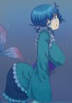  ass blue_eyes blue_hair breasts bubble drill_hair green_kimono head_fins highres japanese_clothes kakone kimono large_breasts mermaid monster_girl obi sash sleeves_past_wrists solo touhou underwater wakasagihime 