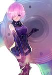  absurdres armor armored_dress bangs black_gloves breasts closed_mouth commentary_request elbow_gloves eyebrows_visible_through_hair fate/grand_order fate_(series) gloves hair_over_one_eye highres holding_shield light_smile looking_at_viewer mash_kyrielight medium_breasts over-kneehighs purple_eyes purple_hair shield short_hair simple_background solo standing tarbo_(exxxpiation) tareme thigh_strap thighhighs white_background 