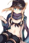  absurdres arm_support artoria_pendragon_(all) bangs baseball_cap bikini black_bikini black_legwear black_shorts blonde_hair blue_scarf blurry blush breasts closed_mouth commentary_request depth_of_field dutch_angle fate/grand_order fate_(series) front-tie_bikini front-tie_top hair_between_eyes hand_up hat highres long_hair looking_at_viewer medium_breasts mysterious_heroine_x ponytail ranf scarf short_shorts shorts side-tie_bikini sidelocks simple_background sitting smile solo swimsuit thighhighs white_background 