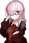  absurdres alternate_hair_length alternate_hairstyle bangs black-framed_eyewear blush breasts cardigan collared_shirt commentary_request fate/grand_order fate_(series) glasses hair_over_one_eye highres large_breasts looking_at_viewer mash_kyrielight necktie open_cardigan open_clothes pink_eyes pink_hair ranf red_neckwear semi-rimless_eyewear shirt simple_background smile solo under-rim_eyewear upper_body white_background wing_collar 