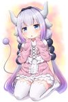  :o bangs beads black_bow black_hairband blue_eyes blunt_bangs blush bow capelet dragon_girl dragon_horns dragon_tail dress eyebrows_visible_through_hair full_body gradient_hair hair_beads hair_bow hair_ornament hairband hands_on_own_cheeks hands_on_own_face highres horns kanna_kamui kobayashi-san_chi_no_maidragon long_hair long_sleeves looking_at_viewer multicolored_hair no_shoes open_mouth silver_hair simple_background sitting solo superpig tail thighhighs twintails wariza white_legwear zettai_ryouiki 