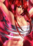  2015 abs absurdres armpits arms_up aura bandages bare_arms bare_shoulders breasts brown_eyes carlos_javier cleavage collarbone dated erza_scarlet eyebrows fairy_tail highres huge_filesize large_breasts lips long_hair looking_at_viewer midriff navel red red_hair sarashi serious signature solo stomach undone_sarashi upper_body 