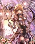  angel ant_(fenixant) armor army blonde_hair brown_hair dome fantasy_lore flag flower full_armor gauntlets hair_flower hair_ornament hand_on_hip indoors jeanne_d'arc knight looking_at_viewer official_art polearm soldier solo_focus spear statue thighhighs weapon 
