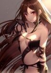  1girl arm_strap bangs bare_shoulders black_dress breasts brown_hair center_opening choker closed_mouth collarbone commentary_request consort_yu_(fate) cowboy_shot dress ear_piercing elbow_gloves fate/grand_order fate_(series) gloves gradient gradient_background grey_background jewelry long_hair looking_at_viewer medium_breasts miyasaka_so navel piercing red_eyes side-tie_dress solo sparks standing strapless strapless_dress very_long_hair 