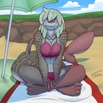  anthro beach big_breasts bikini breasts cleavage clothed clothing female ficus fish grin looking_at_viewer marine seaside shark sitting smile solo swimsuit 