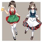  alcohol apron beer beer_mug black_footwear blue_dress bow_legwear breasts brown_eyes brown_footwear brown_hair cleavage closed_mouth commentary cup dirndl dress finnish_clothes frilled_dress frills full_body german_clothes girls_und_panzer green_apron grey_background hikyakuashibi holding holding_cup leg_up loafers long_dress long_hair long_sleeves looking_at_viewer mary_janes medium_breasts mika_(girls_und_panzer) multiple_girls nishizumi_maho outside_border pantyhose parted_lips puffy_short_sleeves puffy_sleeves red_dress shoes short_dress short_hair short_sleeves skirt_hold smile standing standing_on_one_leg striped thighhighs traditional_clothes vertical-striped_dress vertical_stripes waist_apron white_legwear 