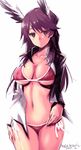  alternate_costume animal_ears artist_name bikini brave_witches breasts brown_eyes brown_hair cleavage collarbone commentary_request covered_nipples empty_eyes highres jacket karibuchi_takami large_breasts long_hair looking_at_viewer navel open_clothes open_jacket shiny shiny_skin side-tie_bikini smile solo swimsuit umyonge_(lkakeu) world_witches_series 