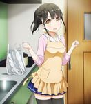  apron artist_request black_hair black_legwear blue_skirt brown_eyes hanasaka_yui highres kitchen one_room open_mouth pleated_skirt school_uniform screencap short_hair short_ponytail skirt solo stitched thighhighs third-party_edit yellow_apron zettai_ryouiki 