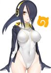  ass_visible_through_thighs black_hair breasts brown_eyes chestnut_mouth commentary_request covered_navel covered_nipples emperor_penguin_(kemono_friends) hair_over_one_eye headphones highleg highleg_leotard highres japari_symbol kemono_friends large_breasts leotard long_hair looking_at_viewer nyatabe simple_background solo white_background 