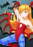  animal_print bakemonogatari bat_print blonde_hair blush_stickers boots cleavage_cutout cosplay demon_girl fang flat_chest head_wings leotard lilith_aensland lilith_aensland_(cosplay) long_hair looking_at_viewer monogatari_(series) murata_isshin oshino_shinobu pantyhose print_legwear red_footwear red_leotard solo vampire_(game) very_long_hair wings yellow_eyes 