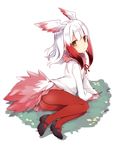  ass bird_tail black_footwear brown_eyes full_body head_wings japanese_crested_ibis_(kemono_friends) kedama_milk kemono_friends long_hair long_sleeves looking_at_viewer mary_janes multicolored_hair pantyhose pleated_skirt red_hair red_legwear shoes simple_background skirt solo tail two-tone_hair white_background white_hair 