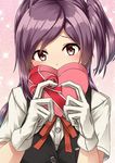  ahoge bangs black_vest blush box buttons close-up commentary_request covering_mouth gift gloves hagikaze_(kantai_collection) heart heart-shaped_box highres holding holding_gift kamelie kantai_collection long_hair looking_at_viewer nervous one_side_up purple_hair raised_eyebrows red_ribbon ribbon shiny shiny_hair shirt short_sleeves solo straight_hair swept_bangs uniform upper_body valentine vest white_gloves white_shirt 