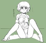  1girl bangs english full_body girls_und_panzer green_background maruyama_saki monochrome no_pants panties parted_lips razor shin_kawasaki shirt short_hair simple_background sitting solo sportswear tight_shirt translation_request underwear 