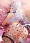 absurdres animal_ears breasts cat_ears censored english_commentary feathered_wings fishnets highres indie_virtual_youtuber large_breasts looking_at_viewer looking_back lying mosaic_censoring multicolored_hair nintendo_switch on_bed on_stomach presenting_ass rhea_aitken thigh_strap virtual_youtuber wings 