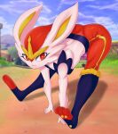 2020 absurd_res anthro athletic athletic_anthro bent_over_with_legs_held_straight boobacafe breasts butt female generation_8_pokemon hi_res lagomorph leporid looking_at_viewer mammal nintendo outside pokemon pokemon_(species) rabbit scorbunny stretching