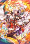  1girl age_of_ishtaria animal_ear_fluff animal_ears arrow_(projectile) bare_shoulders beads black_gloves black_hair black_thighhighs blue_fire bow_(weapon) breasts detached_sleeves dragon fire fox fox_ears fox_mask fox_tail full_body gloves grey_hair hakama hakama_skirt highres holding holding_bow_(weapon) holding_weapon japanese_clothes kimono long_hair looking_at_viewer mask miko multicolored_hair munlu_(wolupus) prayer_beads purple_eyes red_hakama sandals seimei_(age_of_ishtaria) skirt solo tail thighhighs two-tone_hair weapon white_kimono wide_sleeves zouri 