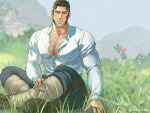  1boy bara black_pants chest_hair closed_mouth collared_shirt day facial_hair golden_kamuy large_pectorals long_sideburns looking_at_viewer male_focus mature_male muscular muscular_male nopinzo outdoors pants pectorals scar scar_on_cheek scar_on_face shirt sideburns sitting smile solo tanigaki_genjirou white_shirt 