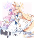  2girls angel_wings animal_ear_fluff animal_ears blonde_hair blue_archive blush capelet commentary_request detached_sleeves dress flower fox_ears fox_girl fox_tail french_kiss hair_bun hair_flower hair_ornament halo kiss long_hair low_wings mika_(blue_archive) multiple_girls pantyhose parted_bangs pink_hair seia_(blue_archive) single_side_bun tail tongue tongue_out white_capelet white_dress white_pantyhose white_wings wings yellow_eyes yun_(dust-i1) yuri 