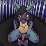  absurd_res anthro anubian_jackal blue_body blue_fur blue_hair cage canid canine canis chest_spike cuff_(restraint) ear_piercing ear_ring erection fur generation_4_pokemon grey_body grey_fur hair handcuffs hi_res human jackal kneeling long_hair looking_at_viewer lucario male mammal metal_cuffs muzzle_(object) muzzled nintendo piercing pokemon pokemon_(species) restraints rhode_(rhode_arts) rhode_arts ring_piercing smile smiling_at_viewer solo spikes spikes_(anatomy) submissive submissive_male waiting wavy_hair yellow_body yellow_eyes yellow_fur 