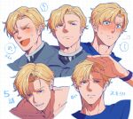  1boy :p blonde_hair blue_eyes blue_shirt blush closed_eyes closed_mouth collarbone crazy_kinoko cropped_shoulders facial_hair flustered grid_background hand_to_forehead highres lewis_smith looking_at_viewer male_focus multiple_views open_mouth shirt short_hair sideburns_stubble stubble tearing_up tongue tongue_out watch wristwatch yuuki_bakuhatsu_bang_bravern 