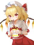  1girl absurdres blonde_hair blood blood_bag blush breasts collarbone collared_shirt cowboy_shot crystal drinking flandre_scarlet frilled_shirt_collar frills hair_between_eyes hat hat_ribbon highres holding looking_at_viewer medium_hair mob_cap multicolored_wings neko_atelier one_side_up puffy_short_sleeves puffy_sleeves red_eyes red_ribbon red_skirt red_vest ribbon shirt short_sleeves simple_background skirt skirt_set small_breasts solo touhou vest white_background white_hat white_shirt wings wrist_cuffs 