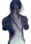  1boy artist_name black_eyes dated greyscale hair_over_eyes haruho_drst kagurabachi male_focus messy_hair missing_limb monochrome navel nude solo soujou_genichi standing tattoo topless_male 