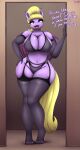  absurd_res an-tonio anthro bat_pony big_breasts biped blonde_hair breasts cleavage clothed clothing dialogue equid eyelashes female garter_belt garter_straps hair hand_on_hip hasbro hi_res legwear looking_at_viewer mammal mature_female my_little_pony panties purple_body text thick_thighs thigh_highs underwear 
