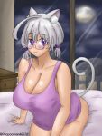  1girl ahoge animal_ear_fluff animal_ears bare_shoulders bedroom blush boobfan06 breasts cabinet cat_ears cat_girl cat_tail cityscape cloud cloudy_sky collarbone glasses highres large_breasts looking_at_viewer moon night night_sky on_bed original pink_tank_top purple_eyes short_hair sitting sky smile tail tank_top thick_thighs thighs twintails twitter_username white_hair window 