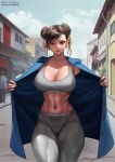  1girl abs blue_jacket breasts brown_eyes brown_hair chun-li clothes_writing collarbone copyright_name double_bun earrings elleciel.eud english_commentary exhibitionism flashing grey_pants grey_sports_bra hair_bun highres jacket jewelry large_breasts looking_at_viewer navel open_clothes open_jacket open_mouth outdoors pants public_indecency road solo_focus sports_bra street street_fighter swept_bangs tight_clothes tight_pants yoga_pants 