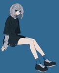  1girl blue_background blue_eyes full_body grey_hair highres invisible_chair layered_sleeves long_shirt long_sleeves maco22 medium_hair original shirt short_over_long_sleeves short_sleeves sitting socks sweat 