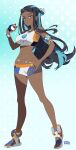  1girl absurdres blue_background blue_eyes crop_top dark-skinned_female dark_skin earrings full_body hand_on_own_hip highres holding holding_poke_ball jewelry long_hair looking_at_viewer nessa_(pokemon) poke_ball pokemon pokemon_swsh r3dfive sandals solo striped_hair very_long_hair 