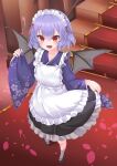  1girl alternate_costume alternate_headwear apron bat_wings blue_hair blue_kimono blush commentary_request fang highres japanese_clothes kimono long_sleeves maid maid_headdress open_mouth red_curtains red_eyes remilia_scarlet remitei03 short_hair skirt_hold smile socks solo stairs touhou wa_maid white_apron wide_sleeves wings 