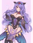  1girl armor black_armor black_panties breasts camilla_(fire_emblem) camilla_(resplendent)_(fire_emblem) cleavage fake_horns fire_emblem fire_emblem_fates fire_emblem_heroes gloves hair_over_one_eye highres horns official_alternate_costume panties purple_eyes purple_gloves purple_hair purrlucii solo thighs underwear wavy_hair 