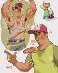  1boy armpit_hair armpits baseball_cap biceps boki_(haideebobs) brown_hair covered_nipples denim english_text green_sleeves handy_manny hat highres index_finger_raised jeans looking_up male_focus manuel_estevez_garcia mechanic midriff_peek multiple_views pants pencil_behind_ear raglan_sleeves reference_sheet short_hair sparkle steaming_body sweat tank_top thick_eyebrows tool_belt very_sweaty white_tank_top 