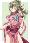  1girl absurdres aged_up arm_up breasts closed_mouth cosplay cowboy_shot dragonstone dress fire_emblem fire_emblem:_mystery_of_the_emblem fire_emblem_awakening fire_emblem_heroes green_background green_eyes green_hair highres jewelry long_hair looking_at_viewer medium_breasts pink_dress pointy_ears ponytail red_sash ribbon sash short_dress simple_background sleeveless sleeveless_dress smile solo thighs tiara tiki_(adult)_(fire_emblem) tiki_(fire_emblem) tiki_(young)_(fire_emblem) tiki_(young)_(fire_emblem)_(cosplay) to_(tototo_tk) two-tone_background white_background 