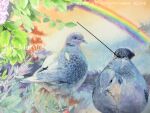  animal artist_name bird branch leaf no_humans painting_(medium) pigeon plant rainbow rie_matsue traditional_media watercolor_(medium) weeds 