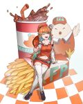  1girl ;d belt beret bird breasts checkered_floor chef_hat chicken cleavage collarbone cropped_vest crossed_legs cup dead_10001 disposable_cup drinking_straw feathers food french_fries full_body hat highres hololive hololive_english ice ice_cube incoming_food kfp kfp_employee_(takanashi_kiara) kotori_(takanashi_kiara) large_breasts long_hair midriff mini_hat miniskirt multicolored_hair navel one_eye_closed open_mouth orange_hair orange_skirt oversized_food oversized_object purple_eyes shoes sitting skirt smile sneakers soda stomach streaked_hair takanashi_kiara takanashi_kiara_(1st_costume) thighhighs turkey_leg very_long_hair vest virtual_youtuber white_sleeves white_thighhighs zettai_ryouiki 